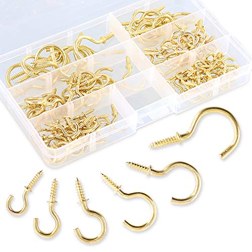 Product Cover Swpeet 120Pcs 6 Sizes Metal Screw-in Ceiling Hooks Cup Hooks Kit, Gold Ceiling Cup Hooks Self-Tapping Screws Hooks for Home/Workplace/Office (Q-Screw)