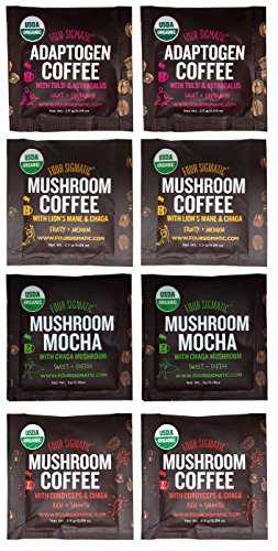 Product Cover Four Sigmatic Mushroom Coffee Sampler Pack - Mocha with Chaga, Cordyceps and Chaga, Lion's Mane and Chaga, Adaptogen Coffee with Tulsi and Astragalus (8 Pack) - Organic, Vegan, Paleo
