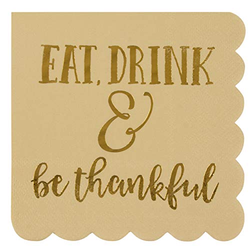 Product Cover Cocktail Napkins - 50-Pack Disposable Scalloped Paper Napkins, Autumn Thanksgiving Dinner Party Supplies, 3-Ply, Eat Drink Be Thankful, Beige, Unfolded 10 x 10 Inches, Folded 5 x 5 Inches