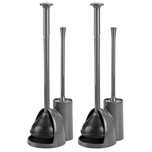 Product Cover mDesign Modern Slim Compact Freestanding Plastic Toilet Bowl Brush Cleaner and Plunger Combo Set Kit with Holder Caddy for Bathroom Storage and Organization - Covered Lid Brush, 2 Pack - Charcoal Gray