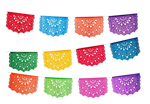 Product Cover 2 pack Medium Plastic Papel Picado Banner - Las Palomas Design - Each Banner includes 12 Panels and is 16 Feet Long Hanging