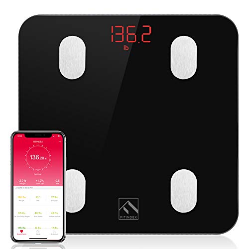 Product Cover FITINDEX Bluetooth Body Fat Scale, Smart Wireless BMI Bathroom Weight Scale Body Composition Monitor Health Analyzer with Smartphone App for Body Weight, Fat, Water, BMI, BMR, Muscle Mass - Black
