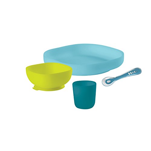 Product Cover BEABA Silicone 4-Piece Dishware - Easy to Clean - Dishwasher and Microwave Safe - Soft, Unbreakable, Non-Slip Suction Bottom - Includes Plate, Bowl, Cup and 2nd Stage Silicone Spoon (Peacock)
