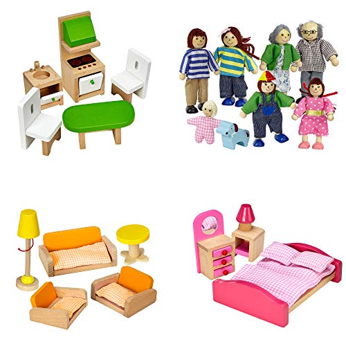 Product Cover Dragon Drew Dollhouse Furniture Set - Wooden - Living Room, Bedroom and Kitchen Accessories, Family Members, Pet - 100% Natural Wood, Nontoxic Paint, Smooth Edges