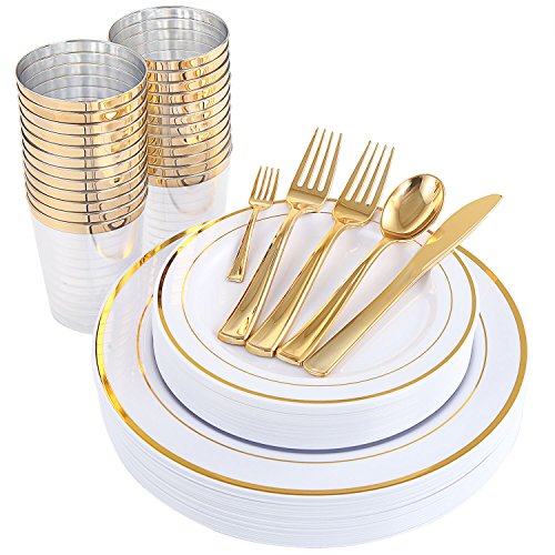 Product Cover WDF 25Guest Gold Plastic Plates with Gold Silverware,Disposable Cups-include 25 Dinner Plates, 25 Salad Plates, 50 Forks, 25 Knives, 25 Spoons &Plastic Cups/Bonus 25 Mini Forks (Dinnerware)