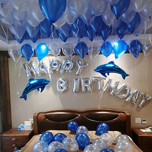 Product Cover Happy Birthday Balloons, iPartyClub Aluminum Foil Birthday Balloon with Dolphin balloon for Birthday Party Decorations -Silver