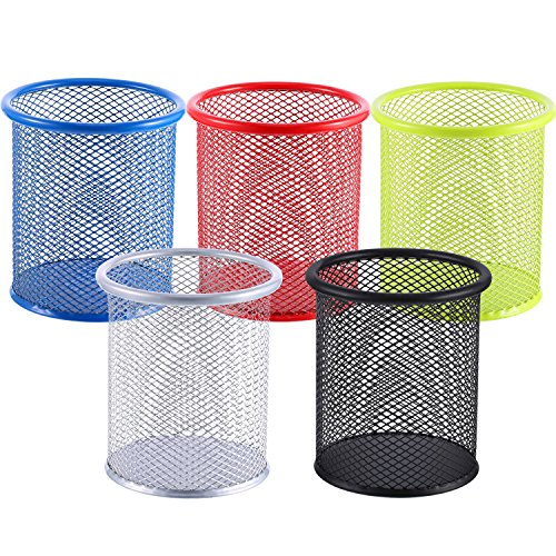 Product Cover 5 Pieces Metal Mesh Pen Holder Pencil Cup Holder Pen Organizer Pencil Holder for Desk Office and School, 5 Colors