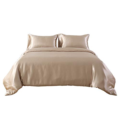 Product Cover HOTNIU Full Satin Silk Duvet Cover Set with Zipper Closure - Quality Ultra Soft Premium 3 Piece Bedding Collection Sets - 100% Microfiber Comforter Protector with SHAM (Queen-Golden)