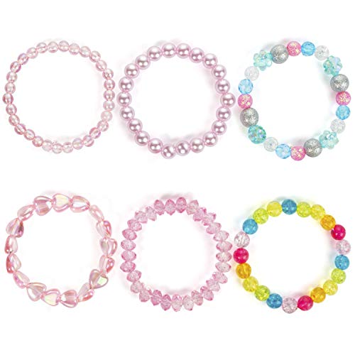 Product Cover 6pc Colorful Stretch Bracelet, Little Girl Heart Bracelets, Teens Kids Pearl Beaded Bracelet Girl Party Favor Pretend Play Bracelet (Color Bracelet)