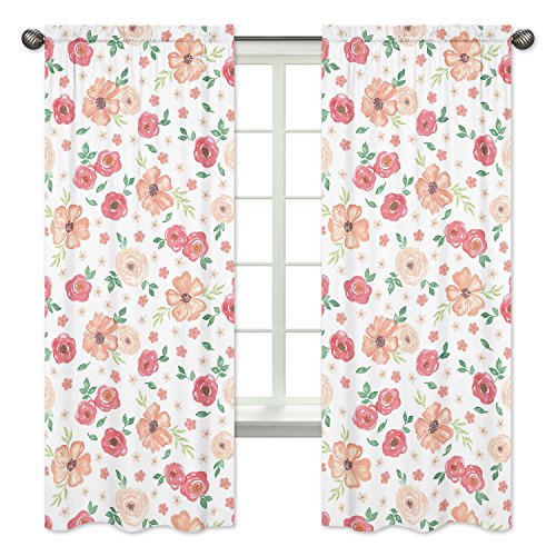 Product Cover Sweet Jojo Designs Peach and Green Window Treatment Panels Curtains for Watercolor Floral Collection - Set of 2 - Pink Rose Flower