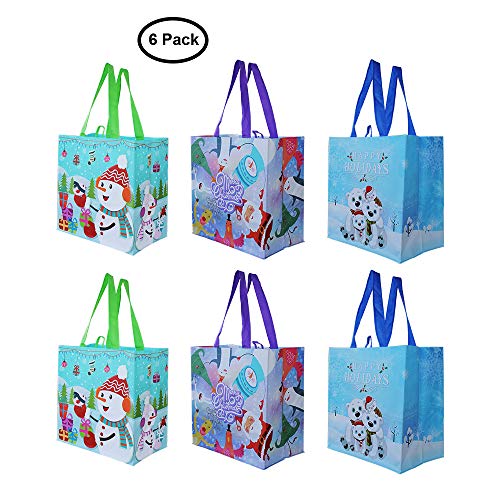 Product Cover Earthwise Reusable Grocery Gift Bags Totes with Assorted Xmas Christmas Holiday Designs - Foldable and Durable (Pack of 6)