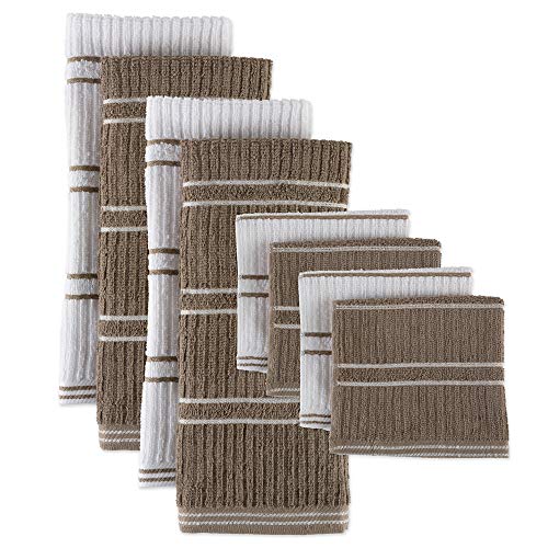 Product Cover J&M Home Fashions 70321A Cotton Ribbed Terry Set, Absorbent Durable Drying Cleaning, Dish Cloths 13x13 and Kitchen Towels 18x25, Mocha 8 Pack