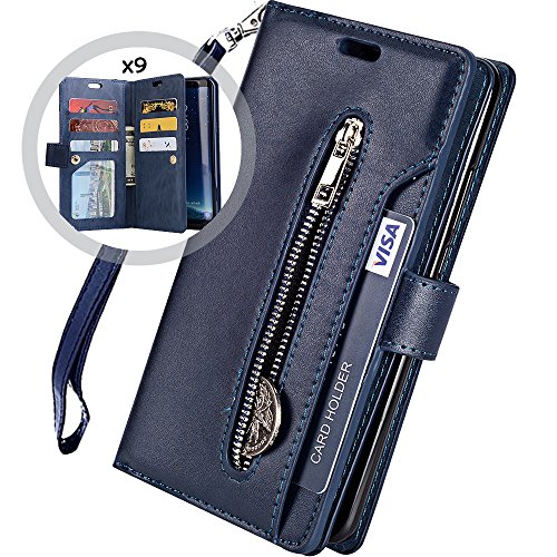 Product Cover Galaxy S9 Plus Wallet Case for Women/Men,Auker Trifold 9 Card Holder Kickstand Feature Folio Flip Book Leather Zipper Wallet Magnetic Purse Cover with Strap&Money Pocket for Samsung S9 Plus (Navy)