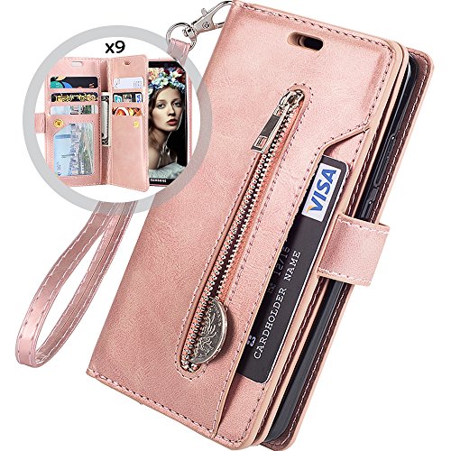 Product Cover Galaxy S9 Wallet Case for Women/Men,Auker Trifold 9 Card Holder Folio Flip Leather Zipper Wallet Case with Strap&Cash Pocket Shockproof Full Body Protective Magnet Purse Case for Samsung S9 (RoseGold)