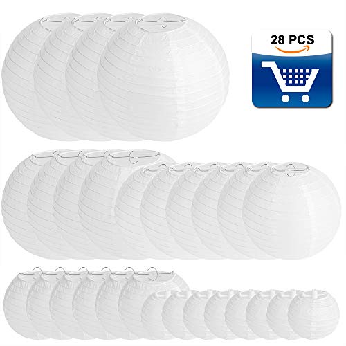 Product Cover 28 Packs White Paper Lanterns Decoration for Weddings, Birthdays, Parties and Events - Assorted Round Sizes (4