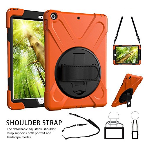 Product Cover TSQ iPad 9.7 Case, iPad 5th 6th Generation Case Cover for Kids Girl, Durable Protective Defender Car Case with 360 Rotation Stand, Handle Hand Strap,Shoulder Strap for Model A1954 A1822 A1823 Orange