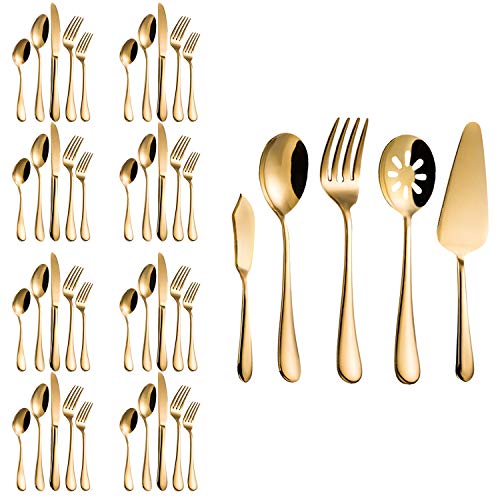 Product Cover Flatware Set, Magicpro Modern Royal 45-Pieces gold Stainless Steel Flatware for Wedding Festival Christmas Party, Service For 8