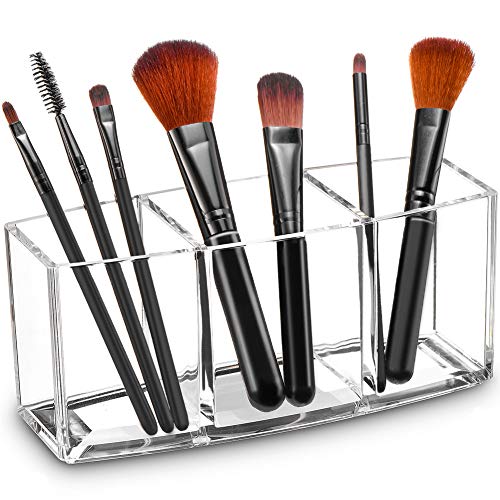 Product Cover Tasybox Clear Makeup Brush Holder Organizer, 3 Slot Acrylic Cosmetic Brushes Storage, Eyeliners Eyebrow Pencil Display Case