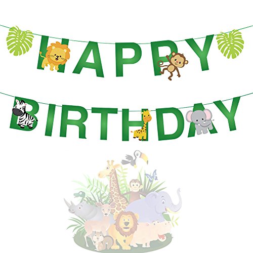 Product Cover 15pcs Jungle Animals Leaves Happy Birthday Banner Decoration for Woodland Garland Forest Theme Birthday Festival Party