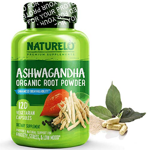 Product Cover NATURELO Ashwagandha Organic Root Powder - Natural Herbs Supplement - Best for Occasional Anxiety, Stress Relief, Mood Enhancer, Thyroid Support - with Black Pepper Extract - 120 Vegan Capsules