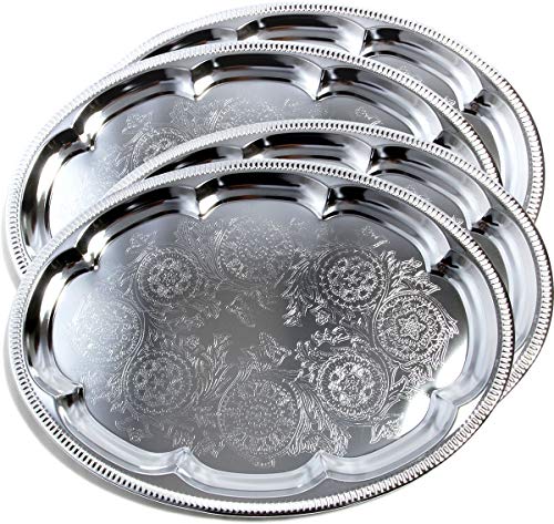 Product Cover Maro Megastore (Pack of 4) 18.1-Inch x 13.3-Inch Traditional Oval Floral Pattern Engraved Catering Chrome Plated Serving Plate Mirror Tray Platter Metal Tableware Holiday Party Large T225-4pk