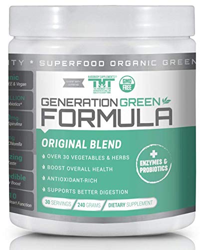 Product Cover Generation Greens Powder | Organic Superfood Powder with 60 Powerful Ingredients | Chlorella, Spirulina, Wheat Grass and CoQ10 Included | 30 Servings, Original