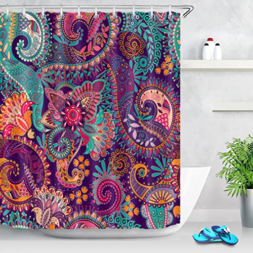 Product Cover LB Indian Bohemian Shower Curtain Mandala Print Colorful Paisley Pattern Peace Sign Curtains Tribal Shower Curtains for Bathroom Waterproof Eco-Friendly Fabric 72x72 Inch with 12 Hooks,Purple
