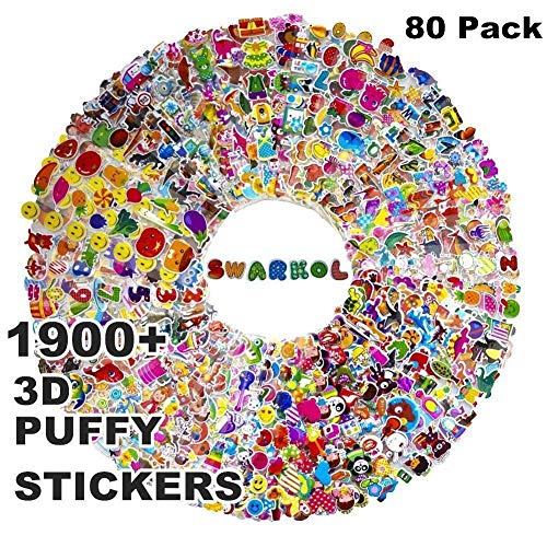 Product Cover Stickers for Kids 1900+, 80 Different Sheets, 3D Puffy Stickers, Bulk Kids Stickers for Girl Boy Birthday Gift, Craft Scrapbooking, Teachers, Toddlers, Including Animals, Stars, Fish, Hearts and More