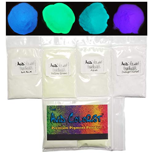 Product Cover Glow in The Dark Pigment Powder - Neutral in Daylight; 4 Color Glow Powder Pack 15g Each; Sky Blue, Yellow Green, Aqua, Indigo Violet for Resin, Epoxy, Slime, Nail Polish, Paint