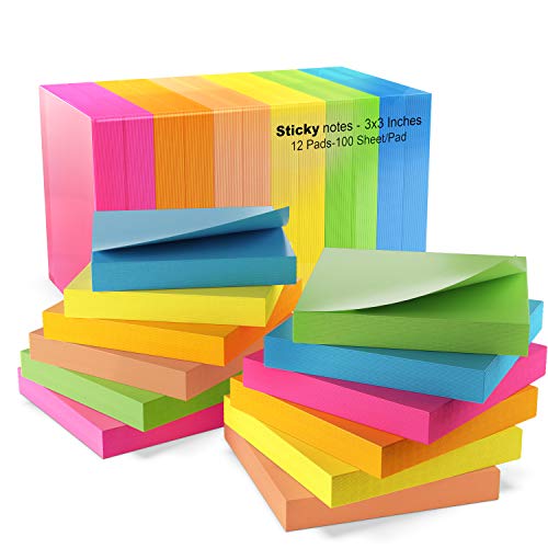 Product Cover Sticky Notes 3x3, Bright Colorful Stickies, 12 Pads 1200 Sheets Total, Strong Self-Stick Notes, 6 Colors (Yellow, Green, Blue, Orange, Pink, Rose)