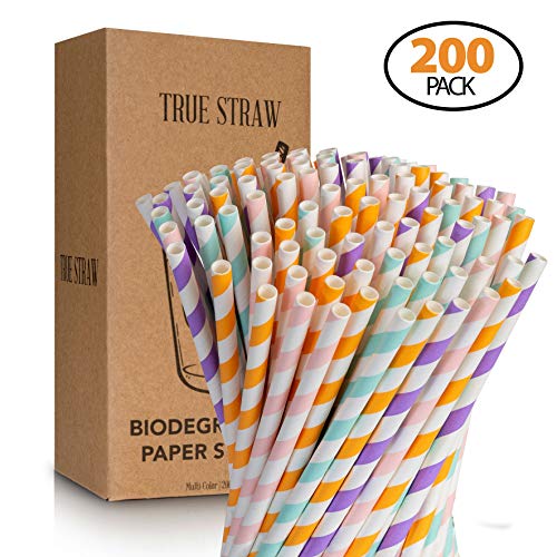 Product Cover True Straw 200-Pack Premium Biodegradable Paper Straws - 4 Colors of Eco-Friendly Drinking Straws - Bulk Paper Straws for Juices, Smoothies and Party Decorations - 7.75