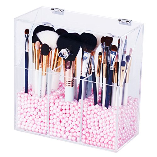 Product Cover Newslly Clear Acrylic Makeup Organizer with 3 Brush Holder Compartment and Dustproof Lid, Cosmetic Brush Storage Box with Pink Pearls, for Bathroom Bedroom Vanity Countertop.