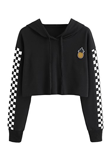 Product Cover MAKEMECHIC Women's Pineapple Embroidered Hoodie Plaid Crop Top Sweatshirt