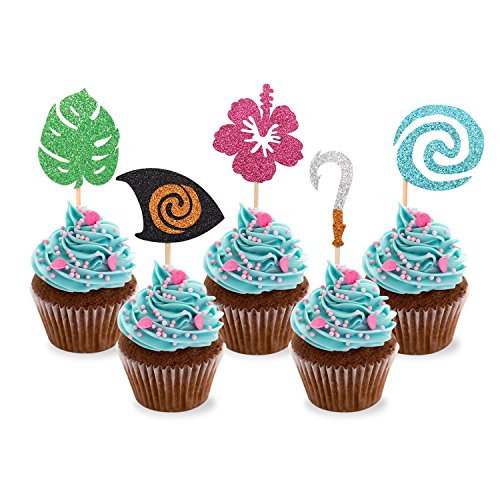 Product Cover Moana Inspired Cupcake Toppers Birthday Party Decoration Boat Sail Swirls Hooks Hawaiian Flower Leaves for Tropical Luau Summer Party Baby Shower Wedding 25pcs