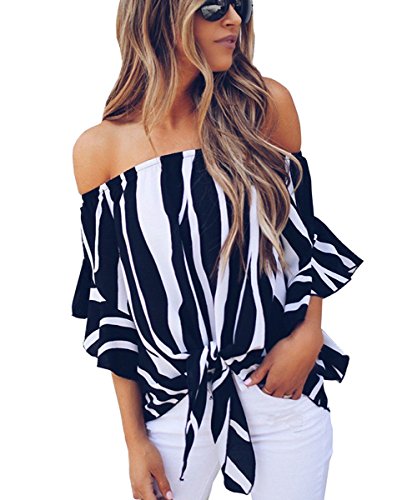 Product Cover LuckyMore Womens Striped Off Shoulder Bell Sleeve Shirt Tie Knot Summer Blouses Tops