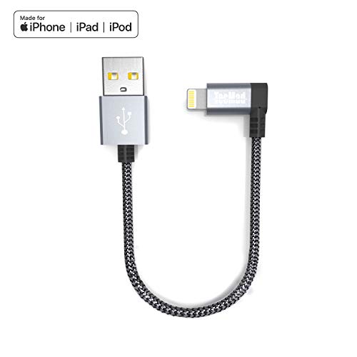 Product Cover iPhone Cable TecMad Short [Apple MFi Certified] iPhone Cable Nylon Braided 90 Degree Fast Charger Cord Data Sync Cable for iPhone Xs XS Max XR X/iPhone8/7/6 Plus/5s/iPad/Mavic and More (Gray 0.65ft)