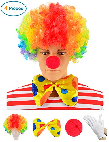 Product Cover Clown Costume - Clown Rainbow Wig + Clown Nose + Bow Tie + White Gloves Set of 4