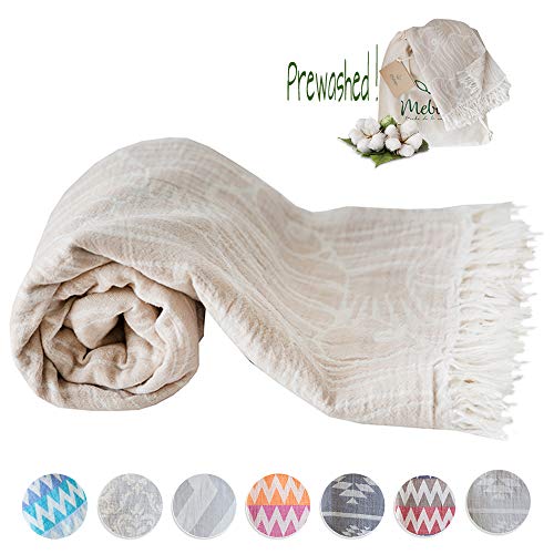 Product Cover Mebien Turkish Beach Bath Towel Peshtemal-Luxury Prewashed Cotton Blanket Beige Fish 33x66 inches