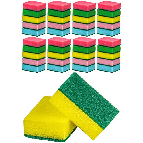 Product Cover DecorRack 40 Cleaning Scrub Sponges for Kitchen, Dishes, Bathroom, Car Wash, One Scouring Scrubbing One Absorbent Side, Abrasive Scrubber Sponge Dish Pads, Heavy Duty, Assorted Colors (Pack of 40)