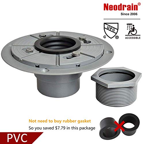 Product Cover Neodrain PVC Shower Drain Base Kit Include 2 Inches PVC Shower Drain Base Flange, Threaded Adjustable Adaptor and Rubber Coupler Gasket for Square&Linear Shower Drain Installation