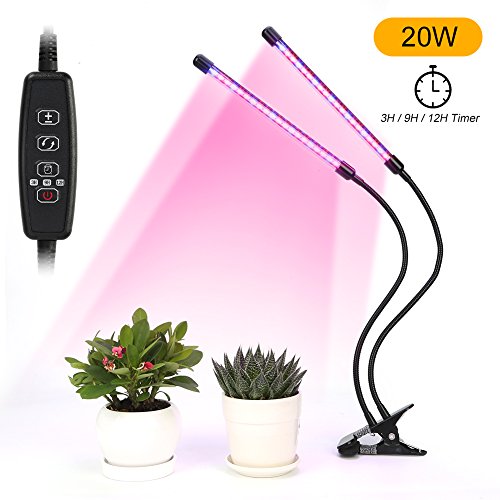 Product Cover Led Plant Grow Light 20W Dual Head Timing Grow Lamp,40 LED Chips with Red/Blue Spectrum for Indoor Plants, Adjustable Gooseneck, 3/9/12H Timer, 5 Dimmable Levels for Garden Greenhouse Tent Herbs potte