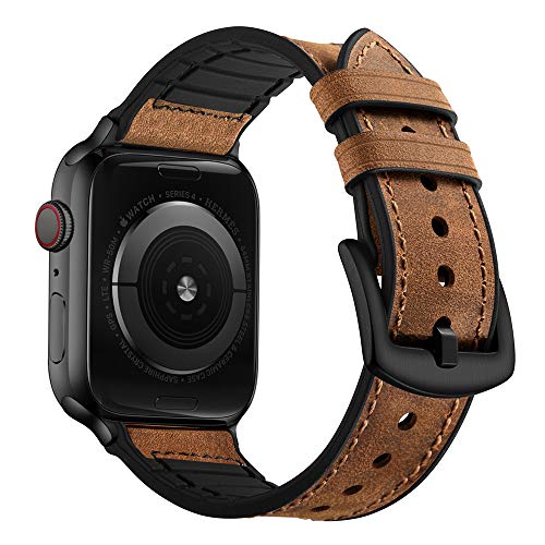 Product Cover OUHENG Compatible with Apple Watch Band 42mm 44mm, Sweatproof Genuine Leather and Rubber Hybrid Band Strap Compatible with iWatch Series 5 Series 4 Series 3 Series 2 Series 1, Brown