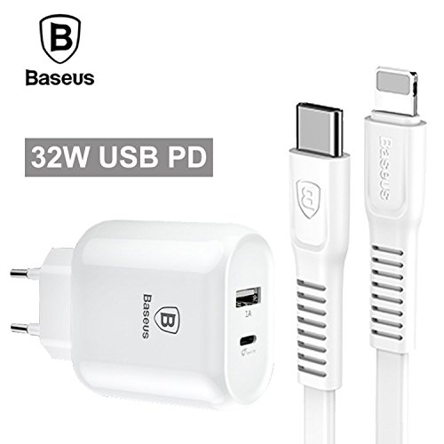 Product Cover Baseus 32W Type C PD Fast Charger for iPhone X 8 Samsung + 2A PD Fast Charging Type C Cable.