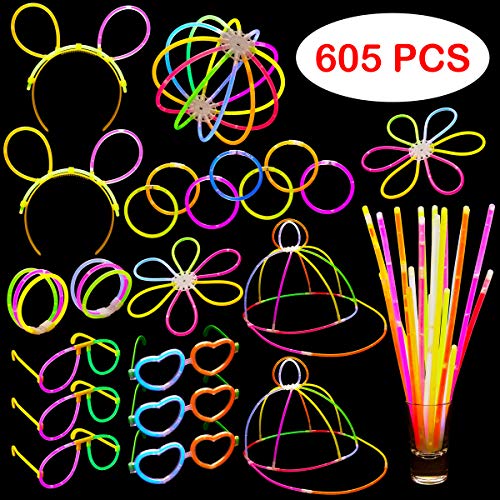 Product Cover Glow In The Dark Party Supplies - 605 Pieces - Includes Connectors to Create Necklaces, Bracelets, Glasses, Heart Glasses, Hats, Headbands, Balls, Flowers - Glow in the Dark Party Favors - Dragon Too