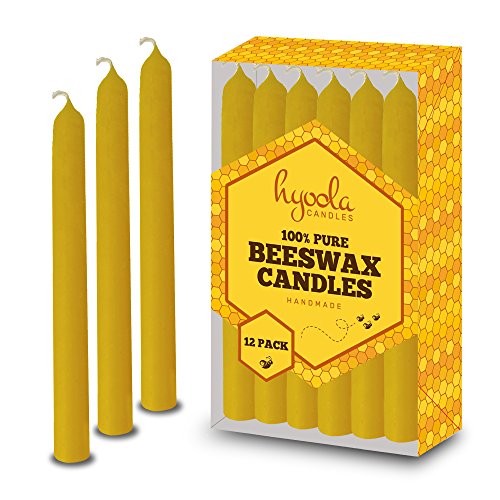 Product Cover Hyoola Beeswax Taper Candles 12 Pack - Handmade, All Natural, 100% Pure Scented Bee Wax Candle - Tall, Decorative, Golden Yellow - 7 Hour Burn Time