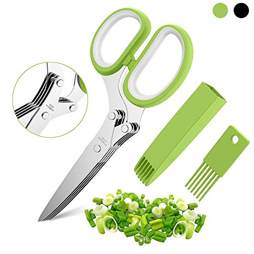 Product Cover Herb Scissors Set with 5 Multi Stainless Steel Blades, Safe Cover and Cleaning Comb, Multipurpose Kitchen Chopping Shear, Mincer, Sharp Dishwasher Safe Kitchen Gadget, Culinary Cutter Chopper, Green