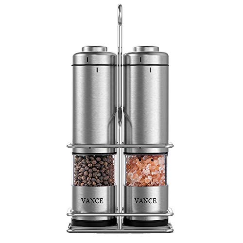 Product Cover Electric Salt & Pepper Grinder Shaker Mill Set With Stand | Battery Operated | Adjustable Ceramic Coarseness Durable Stainless Steel Mills With Clear Window | For Himalayan & Sea Salt (2 pack)