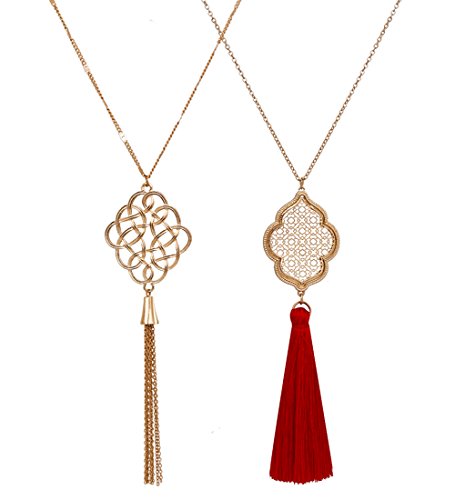 Product Cover ALEXY 2Pcs Long Chain Pendant Necklace Set, Filigree Quatrefoil and Celtic Knot Pendant Tassel Y Necklaces for Women