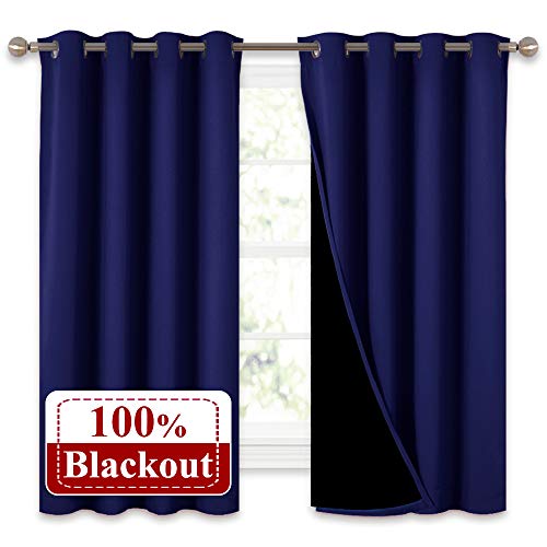 Product Cover NICETOWN 100% Blackout Curtain Panels, Thermal Insulated Black Liner Curtains for Nursery Room, Noise Reducing and Heat Blocking Drapes for Windows (Navy Blue, Set of 2, 52