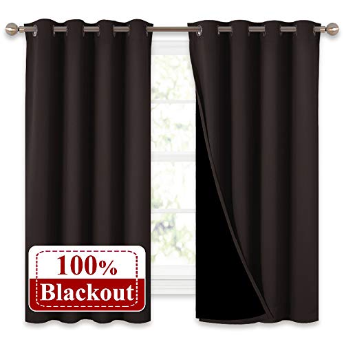 Product Cover NICETOWN Complete 100% Blackout Curtains, Thermal Insulated & Energy Efficiency Window Draperies with Black Liner, Noise Reducing Short Curtains for Kids Room (Brown, 52-inch W by 63-inch L, 2 Panels)